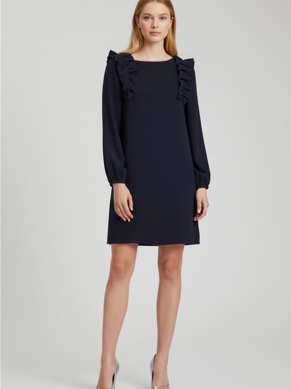 Eliza J Navy Ruffle-Shoulder Long Sleeve Dress Size 8